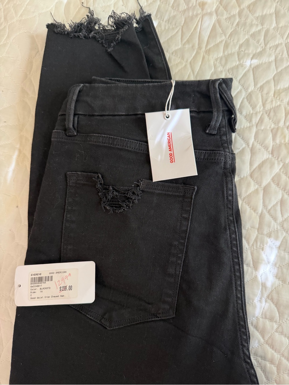Good American Black Frayed-Hem High-Rise Cropped Jeans NWT